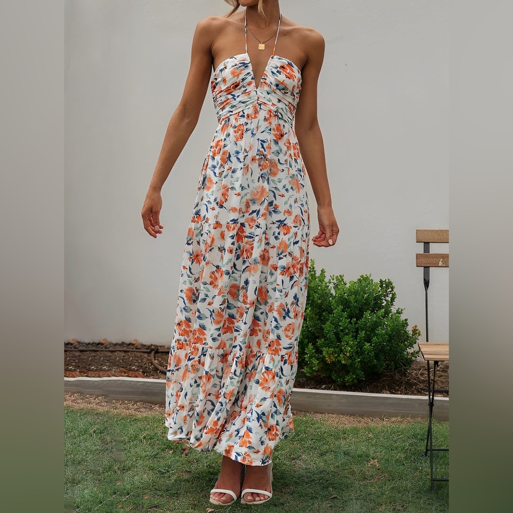 Allegra K Halter Neck Backless Ruched Tiered Maxi Dress
